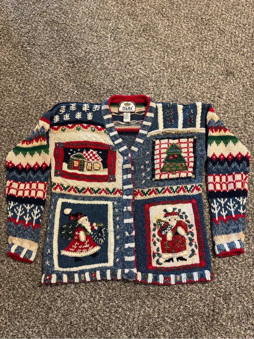 Tiara Men's Patchwork Holiday Cardigan - Blue, Red, Green, Cream